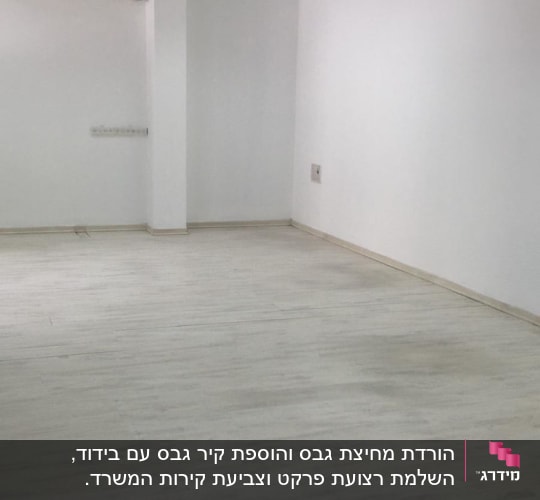 קירות גבס לבנים בחדר ריק עם רצפת עץ